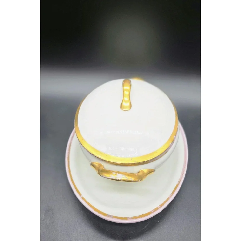 Antique UC Limoges Lidded Sauce Gravy Boat W Attached Underplate 9